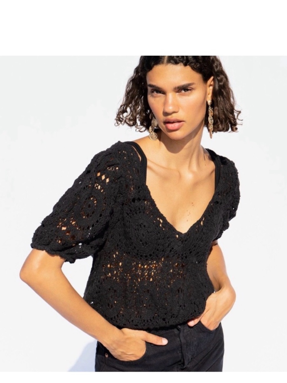 Free People Black Crochet V-Neck Puff Sleeve Sand Dune Bodysuit